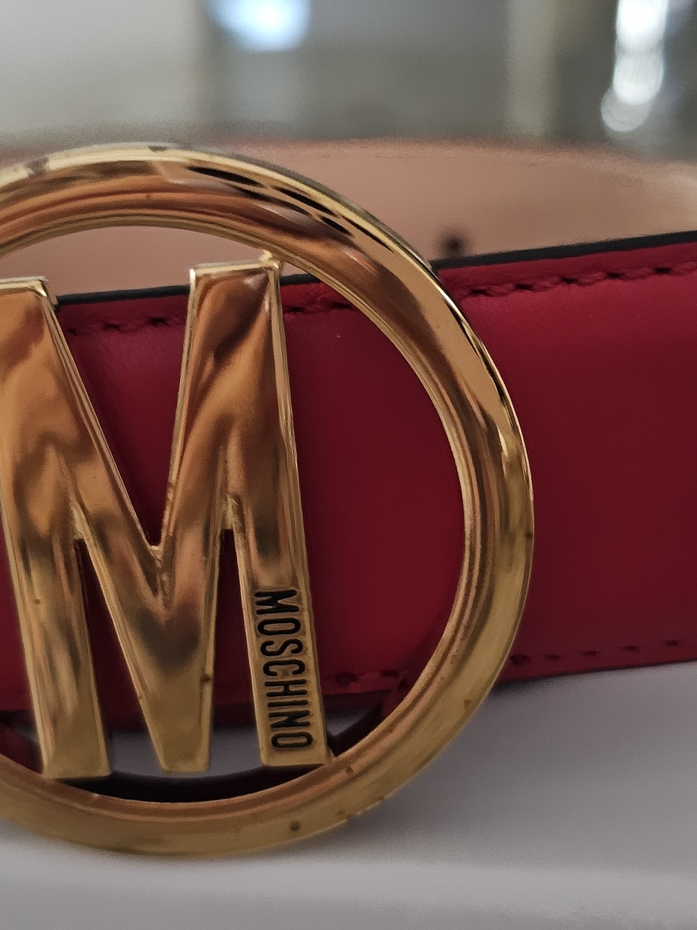 Moschino Red Leather Belt with Gold M Logo Buckle